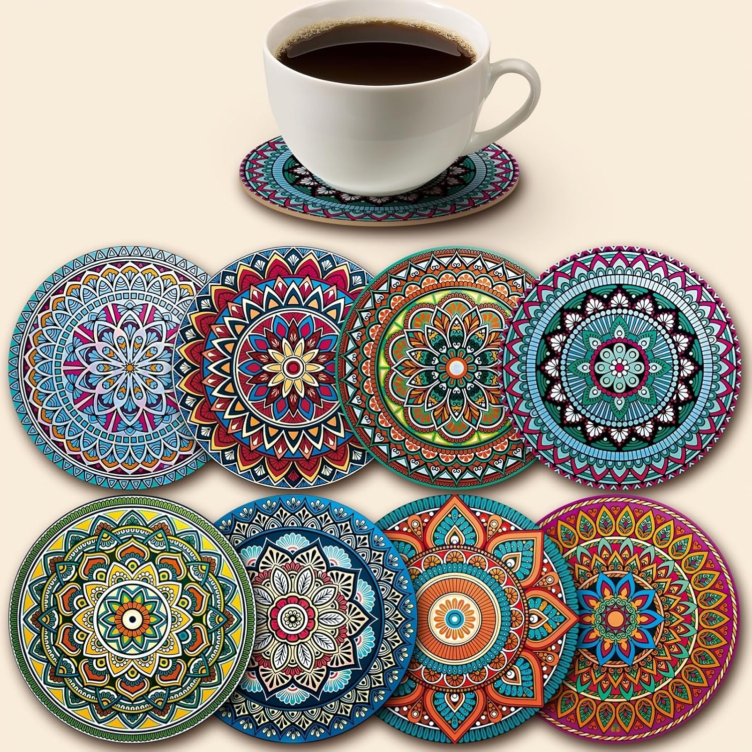 8 posavasos antideslizantes resistentes al calor con diseño de mandala, coloridos tap