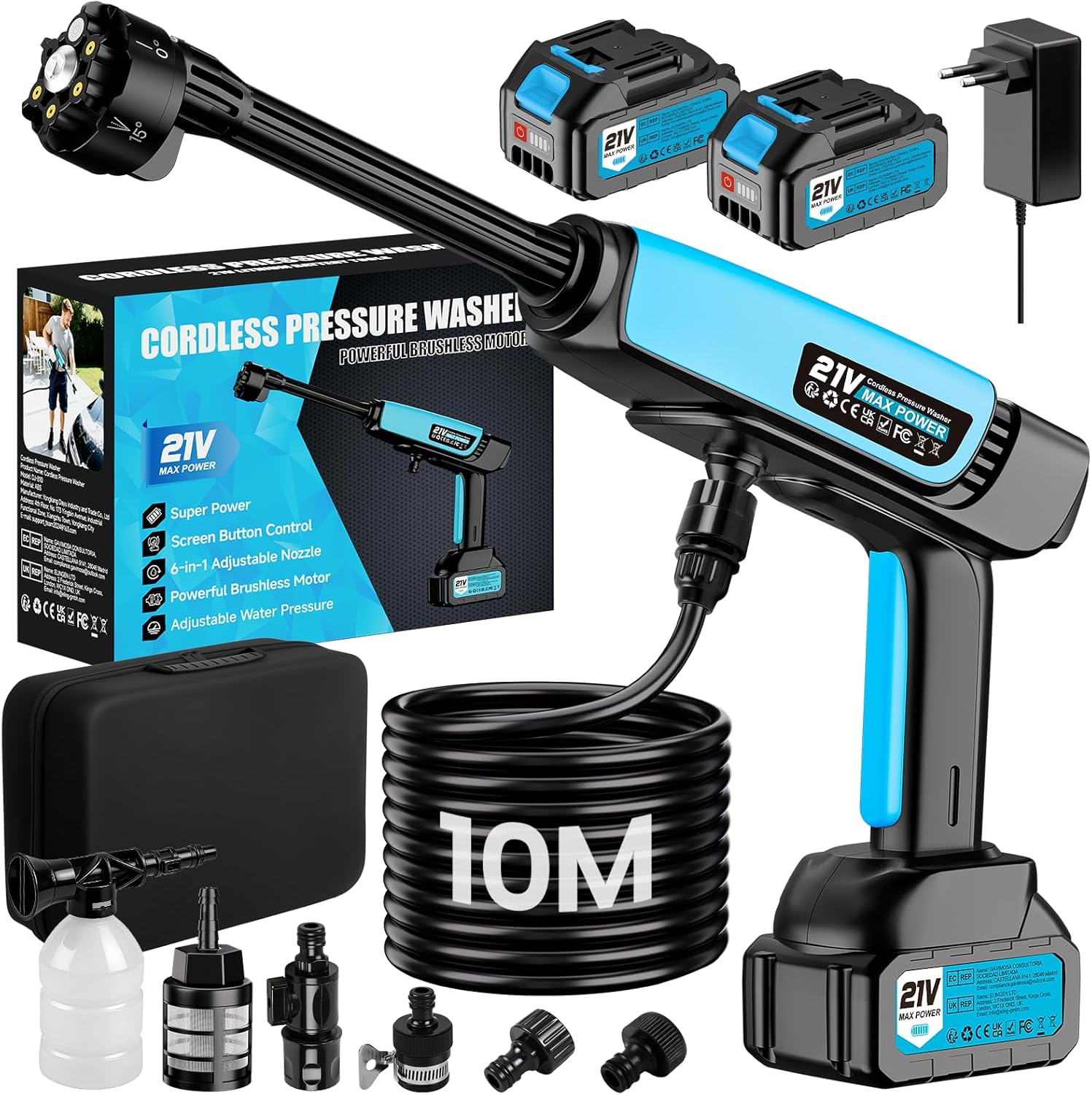 Hidrolimpiadora Bateria,Pistola de Agua a Presión 21V 80 bar,2x4000mAh,Boquilla 6 en 