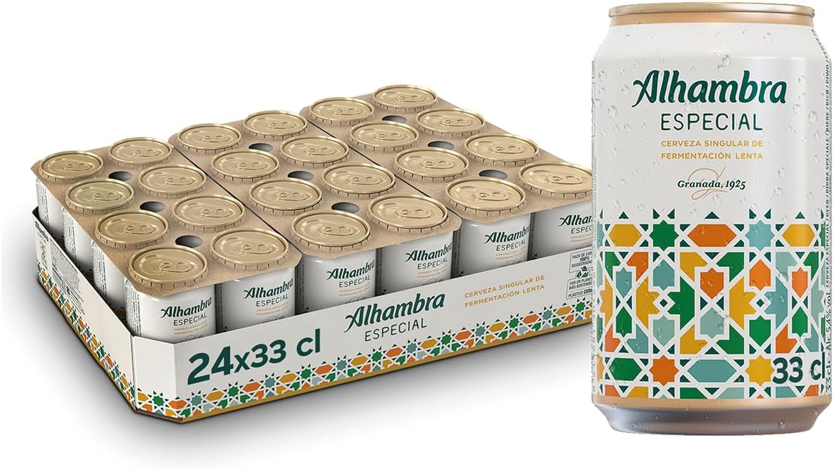 Alhambra Especial, Pack 24 Latas x 33 cl, Cerveza Especial de Fermentación Lenta, 5.4
