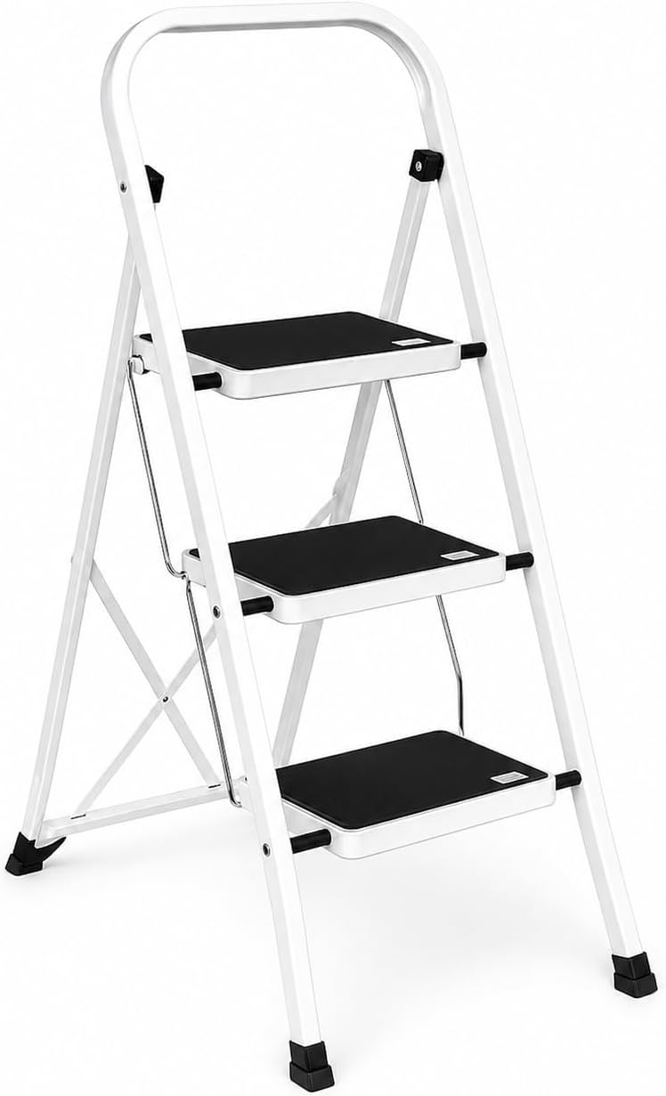 Escalera Plegable de 3 peldaños con Estructura de Acero | Taburete Multifuncional con