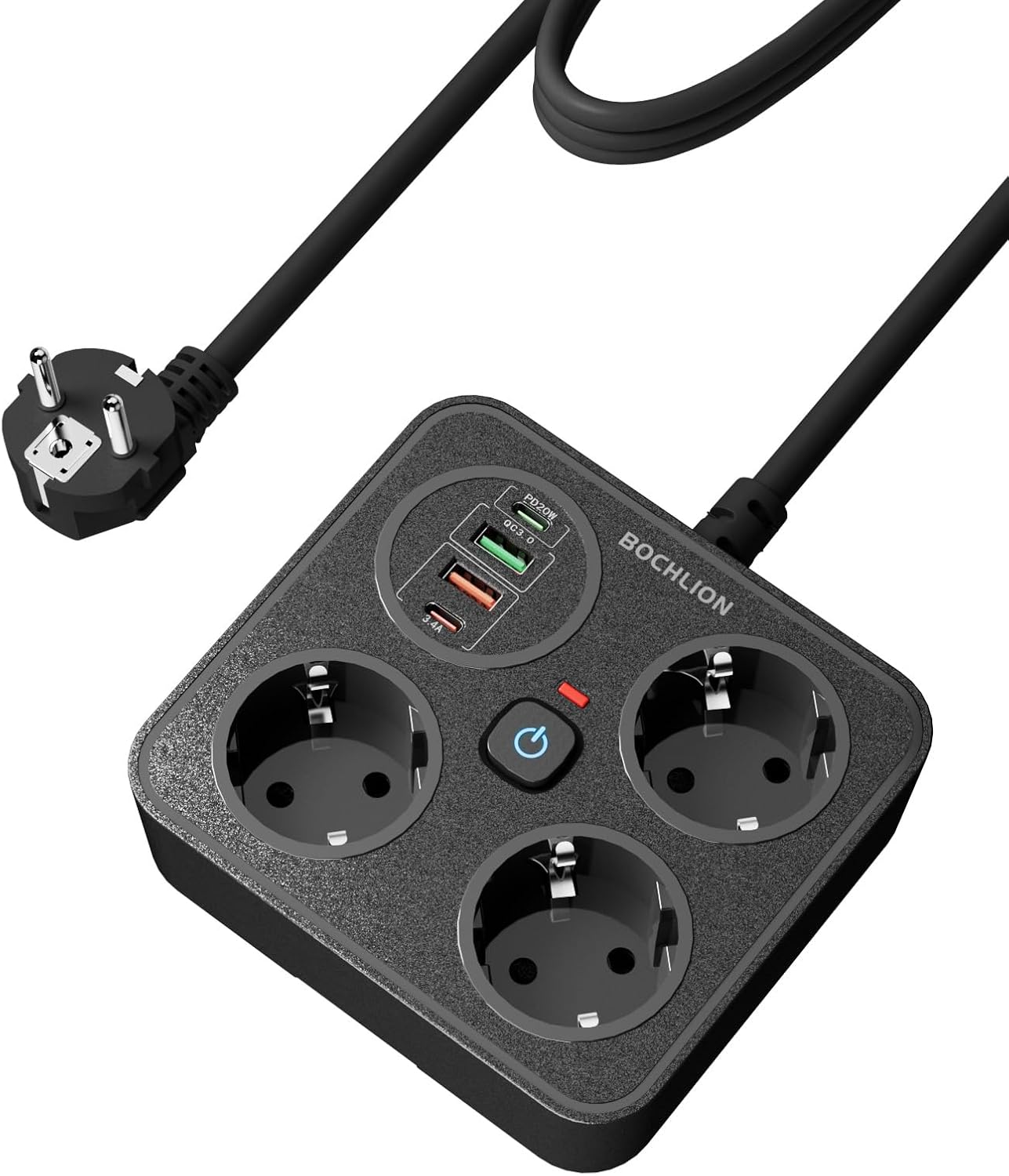 BOCHLION Regletas Enchufes con USB, 3 Toma de Corriente y 4 USB Puertos (PD 20W & QC 