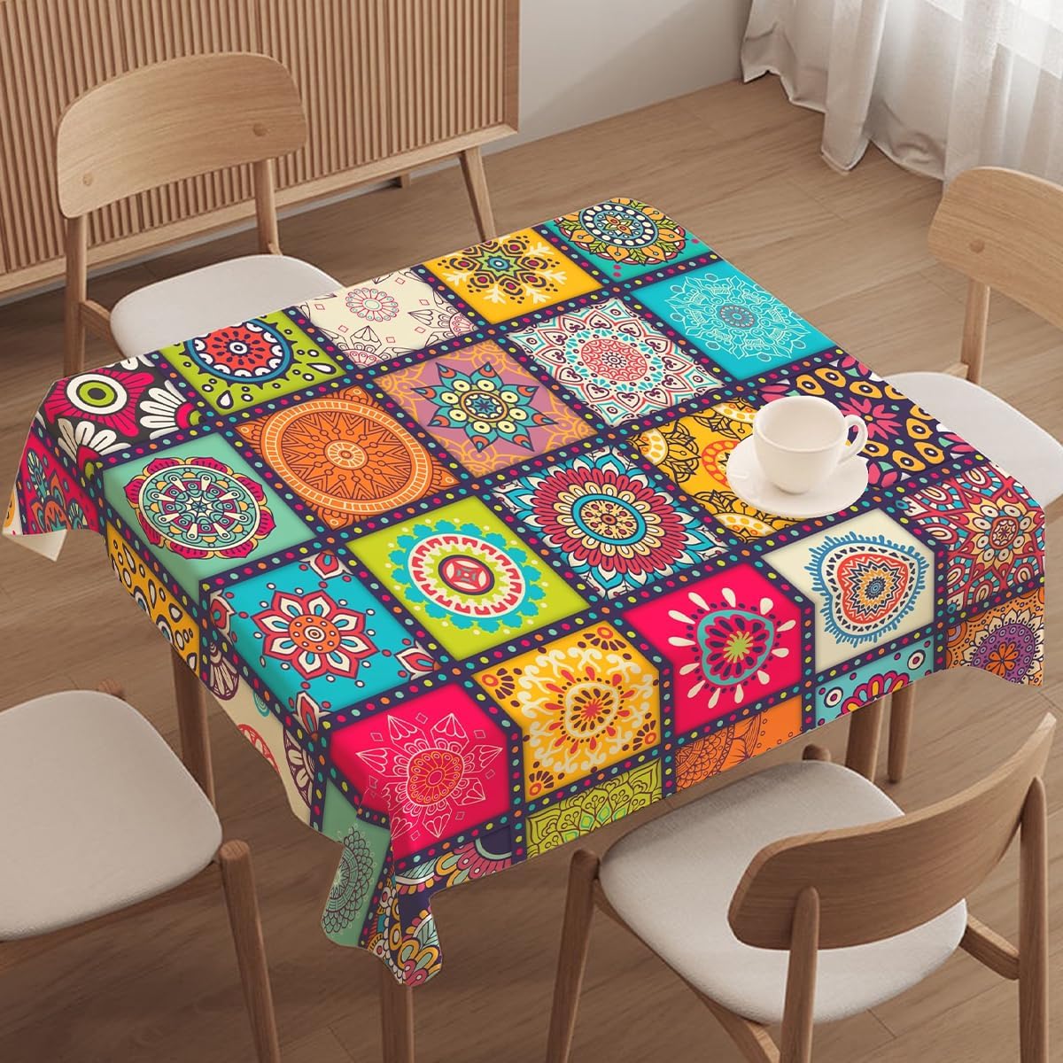 Mantel bohemio cuadrado de 152,4 cm para mesa de comedor o cocina, de poliéster color