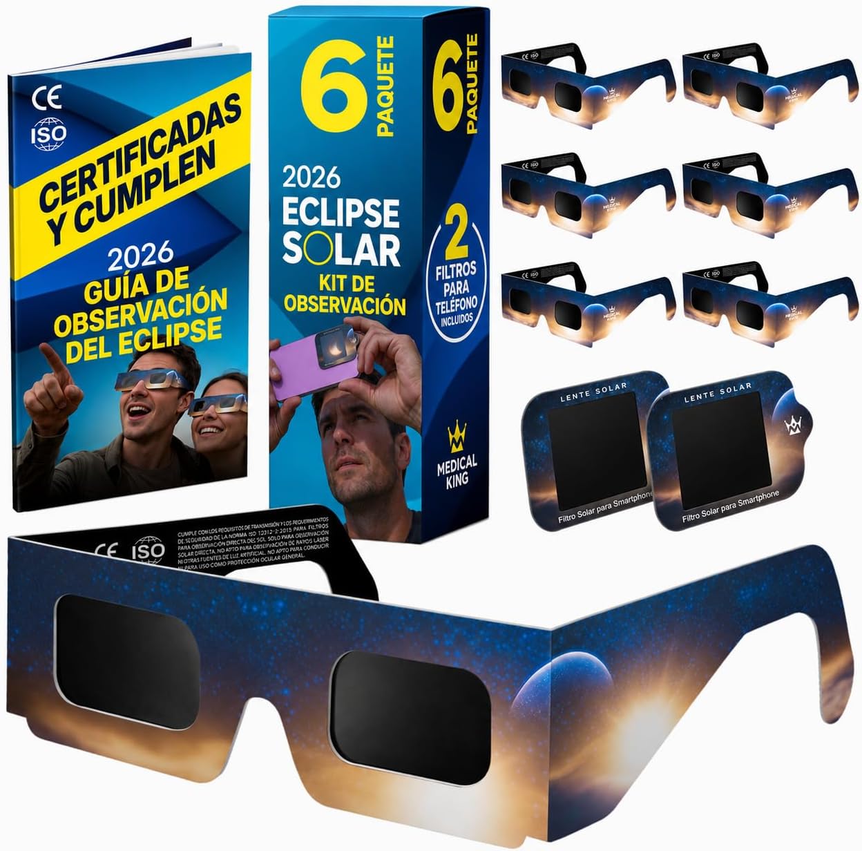 6 Gafas Eclipse Solar Homologadas ISO 12312-2 – Paquete de 6 Con 2 Lentes Fotográfico