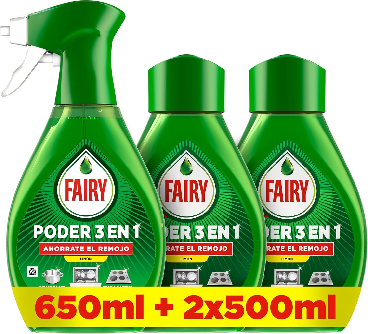 Fairy Pack Poder Sin Remojo Limón Spray 650ml   2 Recambios 500ml, Antigrasa y Limpie