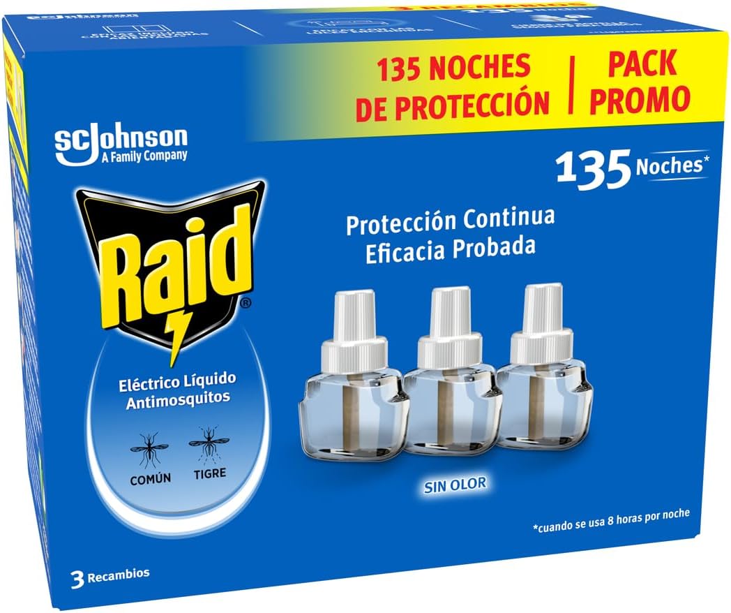 Raid Eléctrico Líquido 135 Noches – Recambios Anti Mosquitos comunes y Tigre – 3 reca
