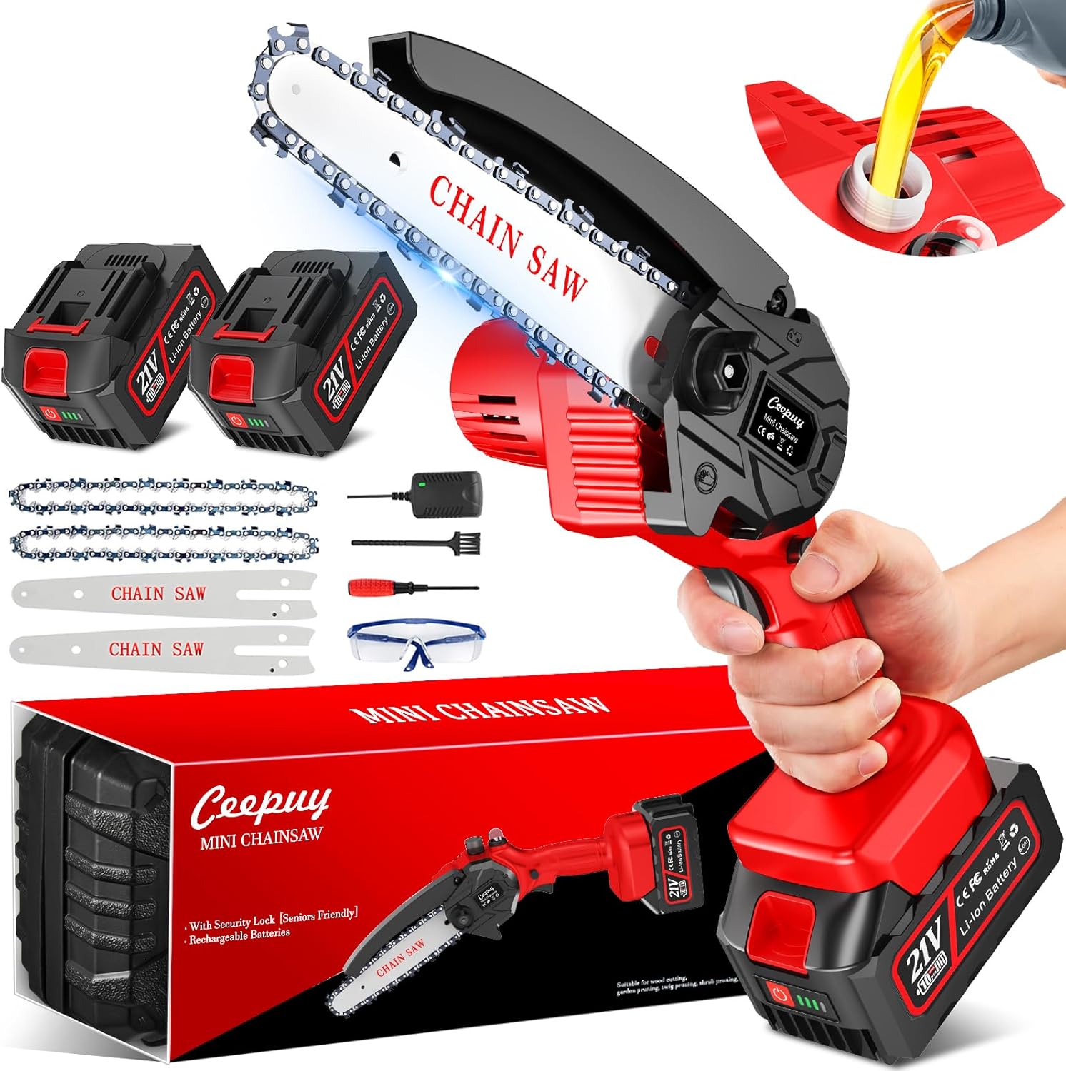 CEEPUY 2x4000mAh Mini Motosierra Batería, 6 Pulgadas, sierra electrica podar arboles 