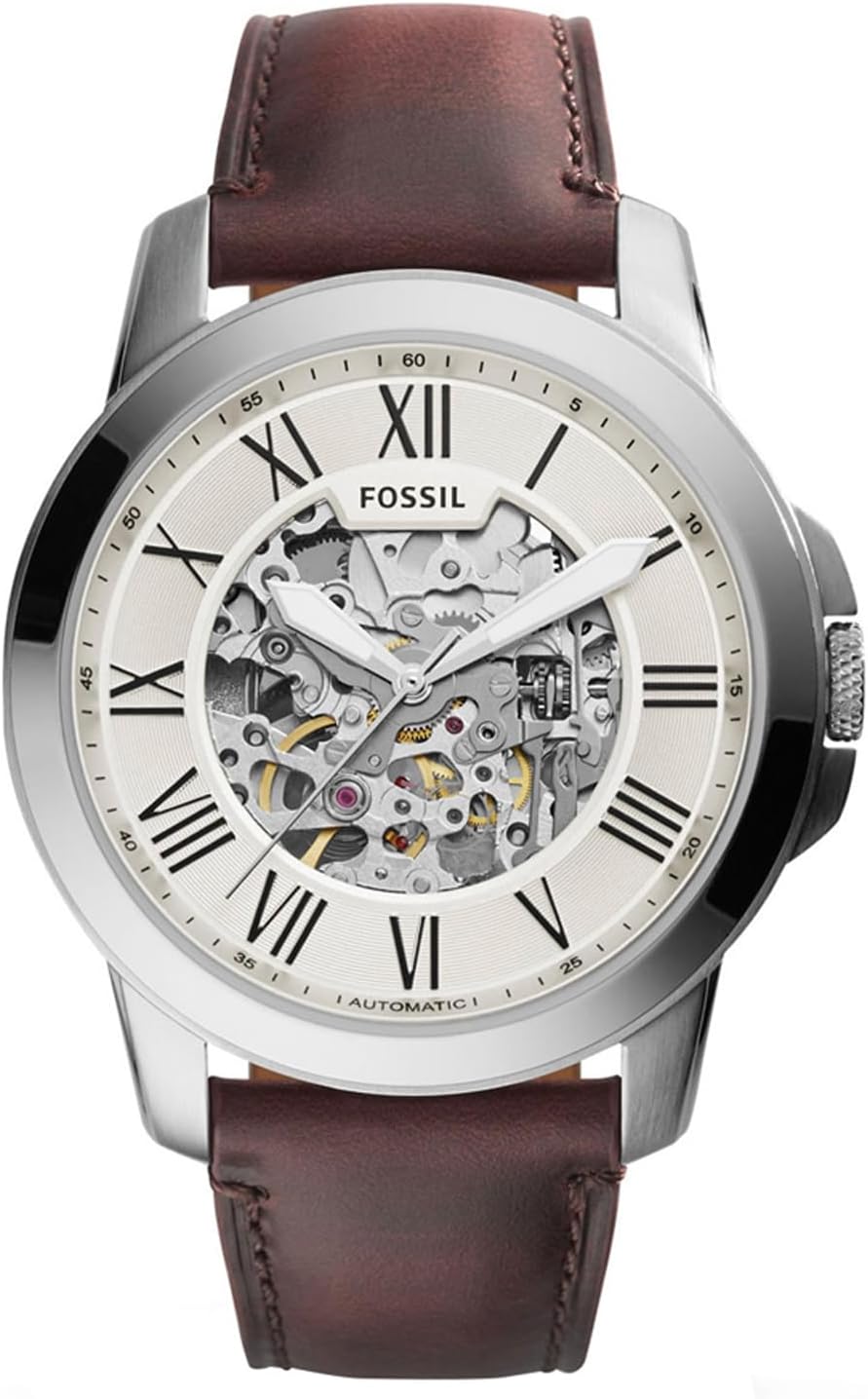 Fossil Reloj para hombre Grant, movimiento automático, caja de acero plateado de 45mm