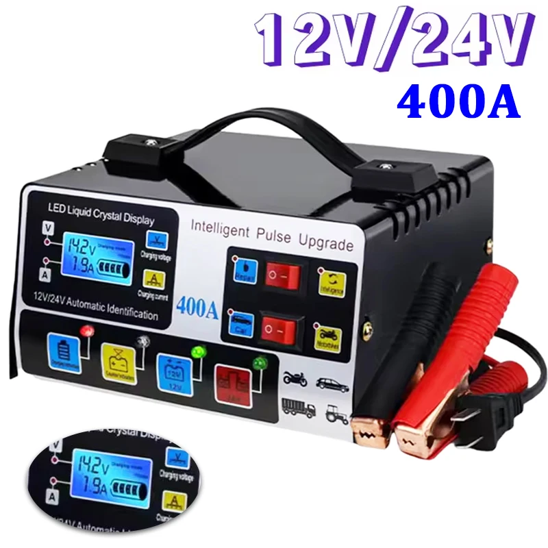**Cargador de Batería de Coche 400A 12V/24V 220W, Cargador Inteligente de Reparación 