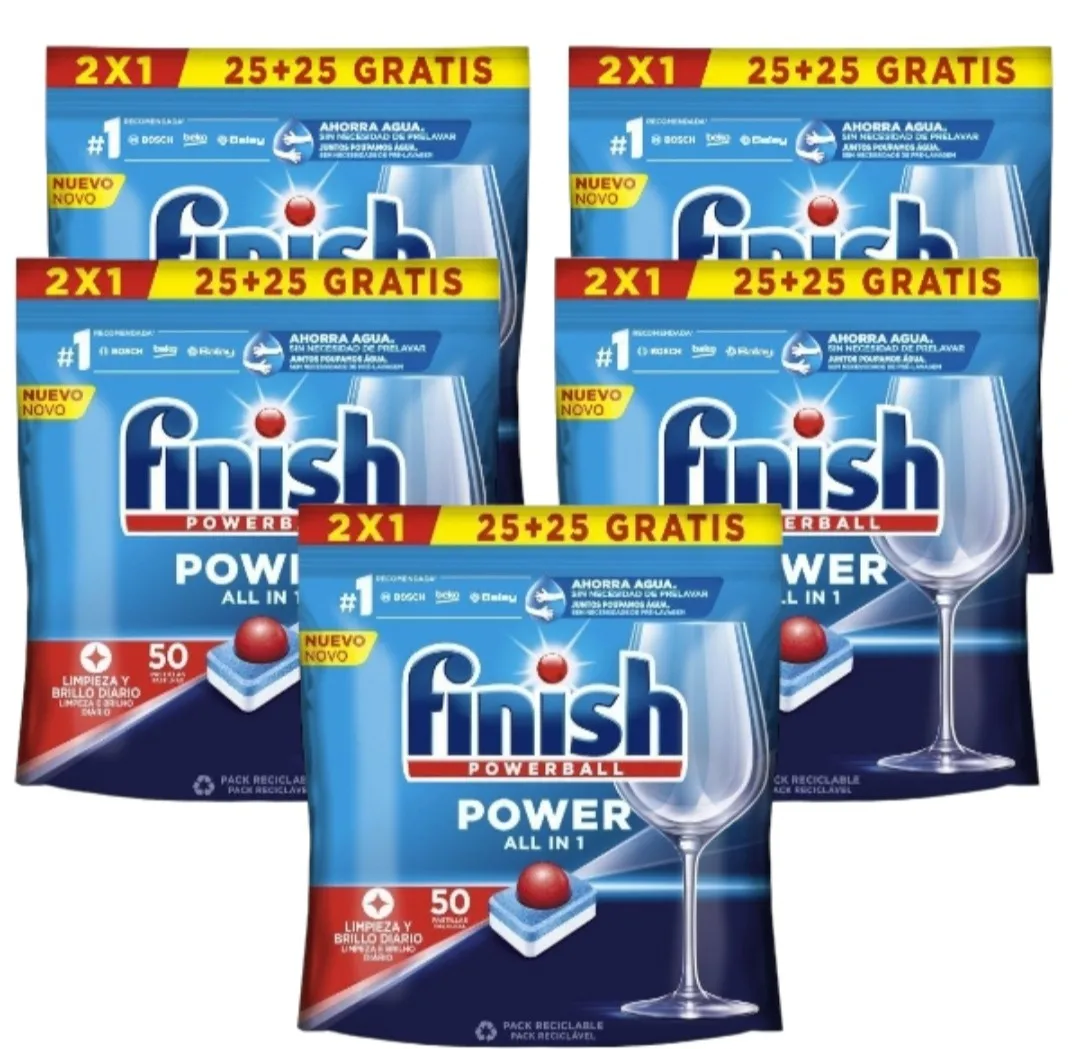 Finish Power All in 1 – Pack de 5 Paquetes De 25+25 (250) Pastillas o Pack De 2 Paque