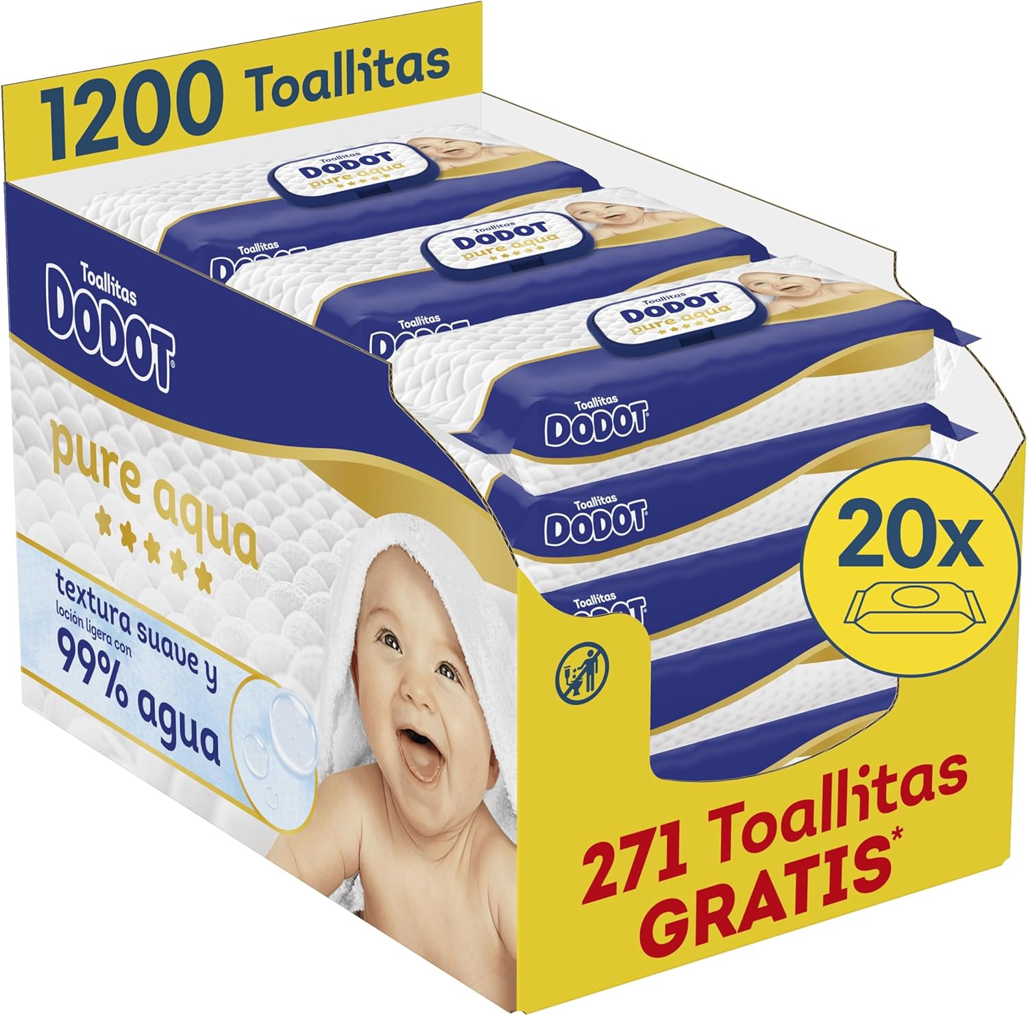 Toallitas Dodot Pure Aqua, lote 30 paquetes de 60 (1.800 uds.) solo
