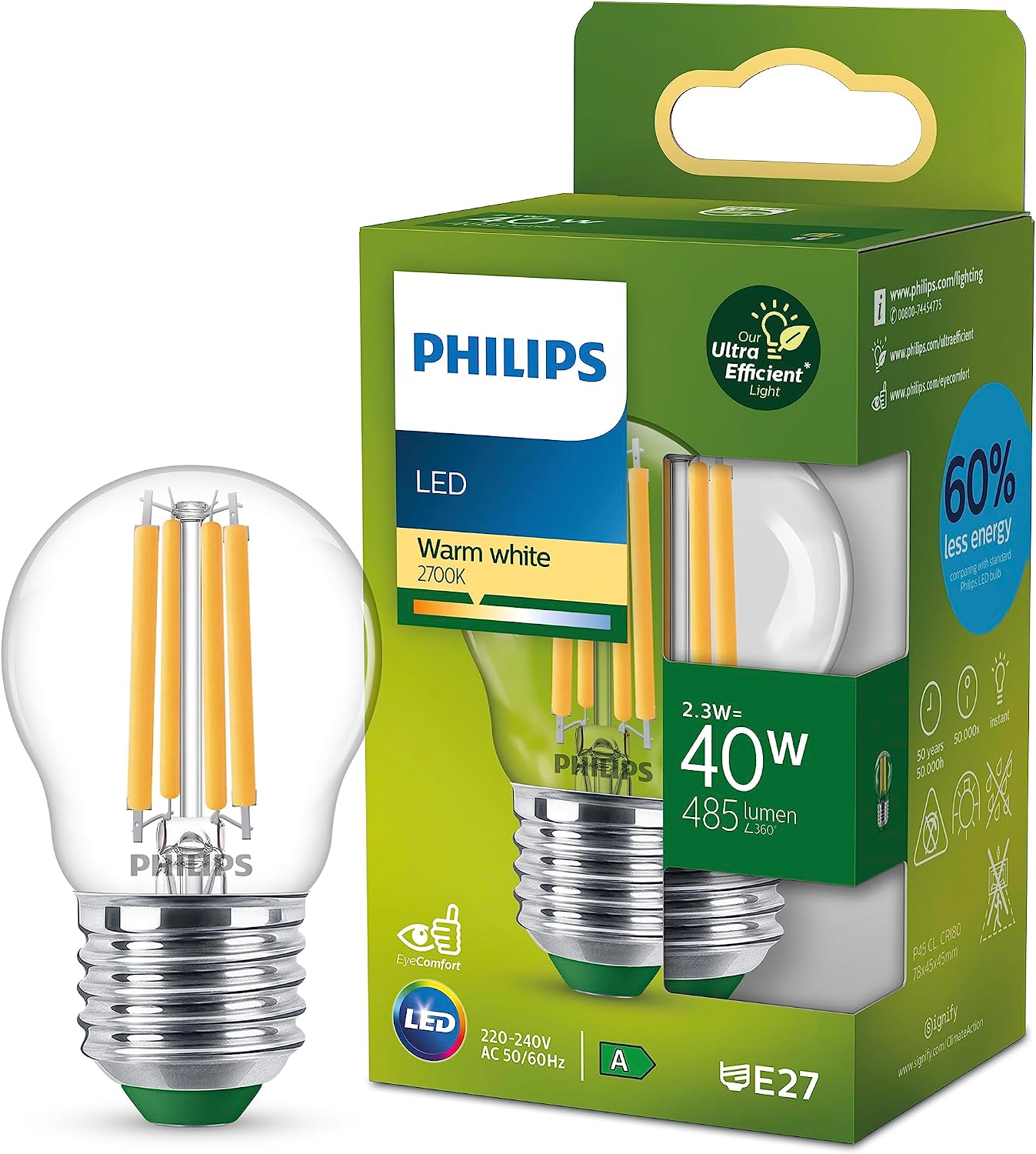 Philips Bombilla LED Esférica E27 2.3W 485Lm