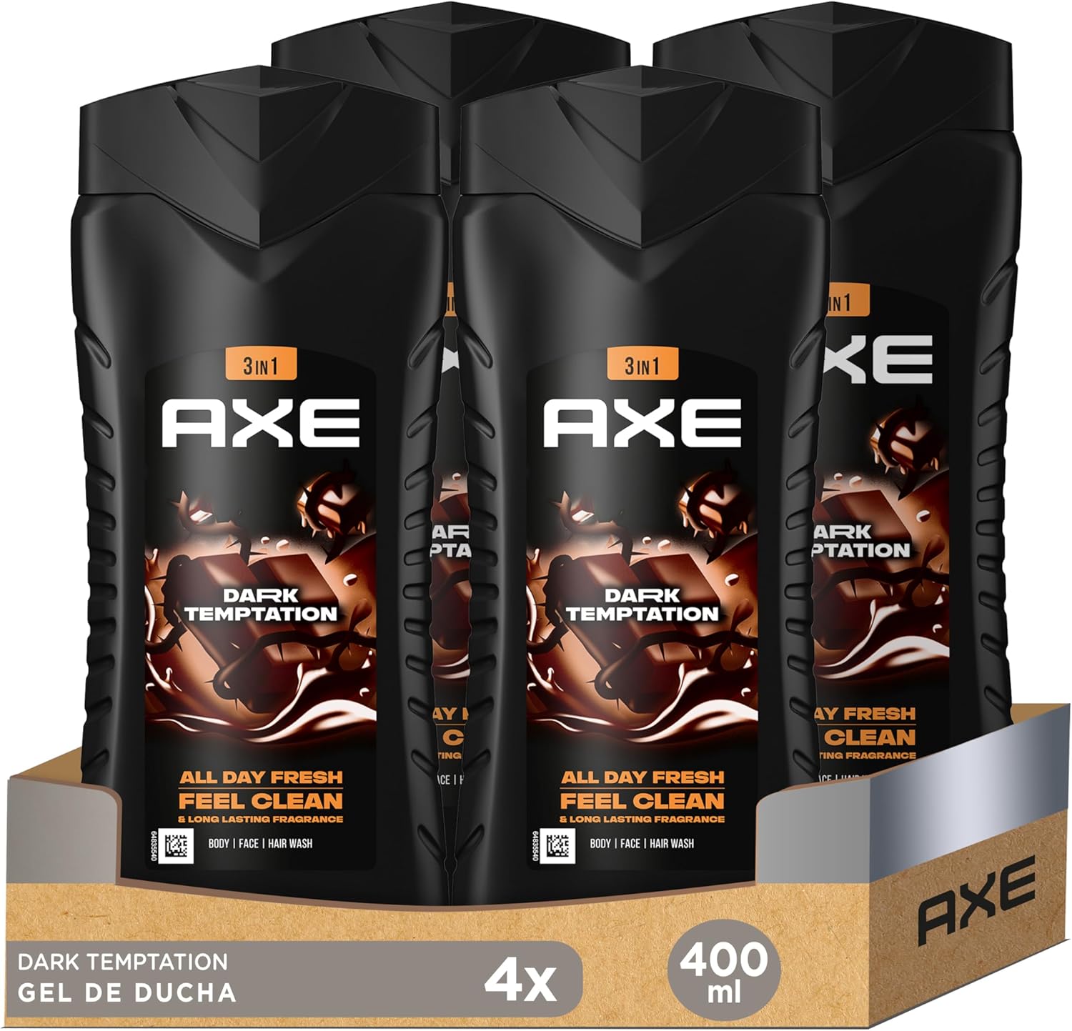 Pack 4 Axe Gel de Ducha y Champú 3en1 Dark Temptation 400ml