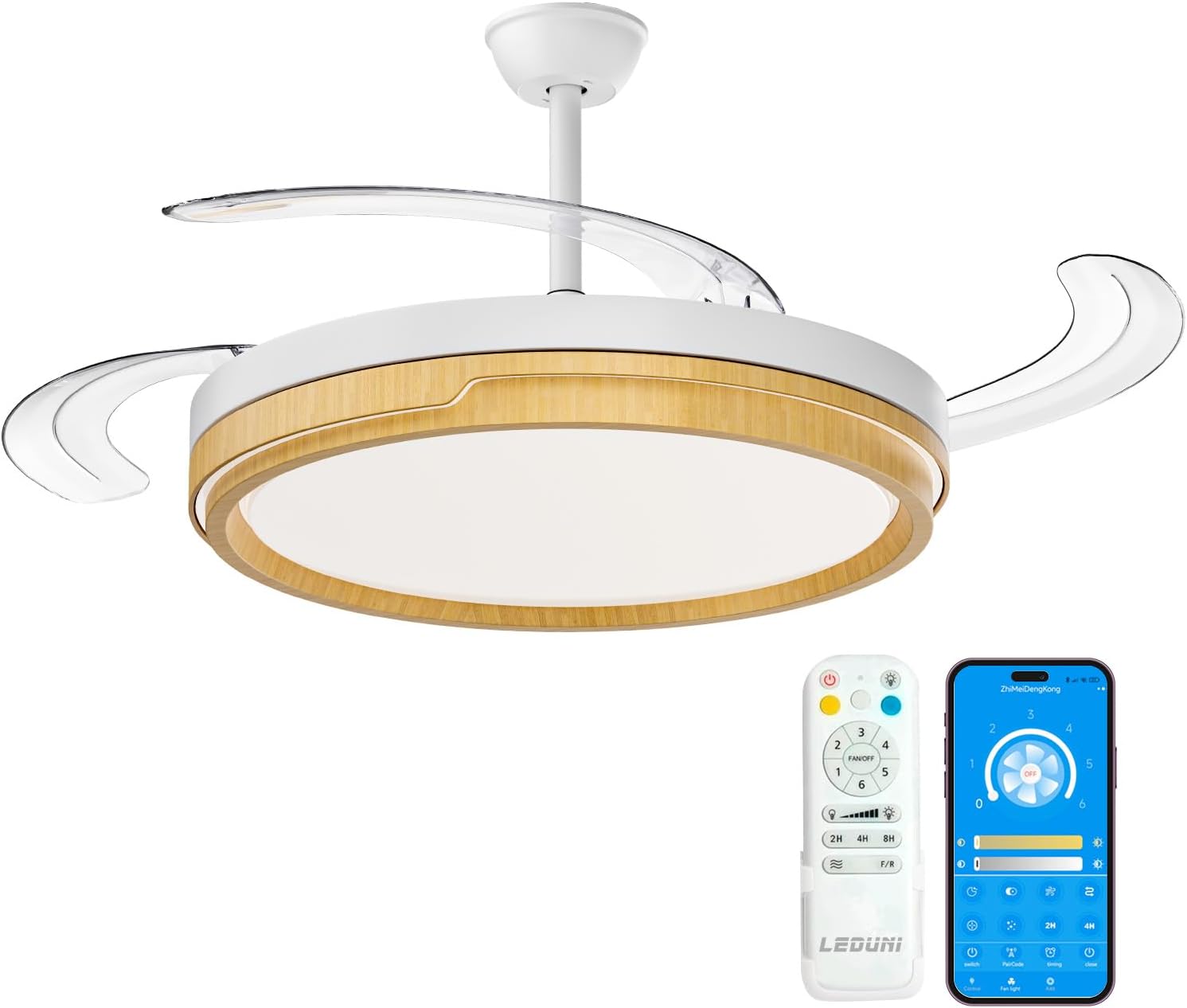 LEDUNI Ventilador de Techo con Luz LED 72W Mando a Distancia Madera