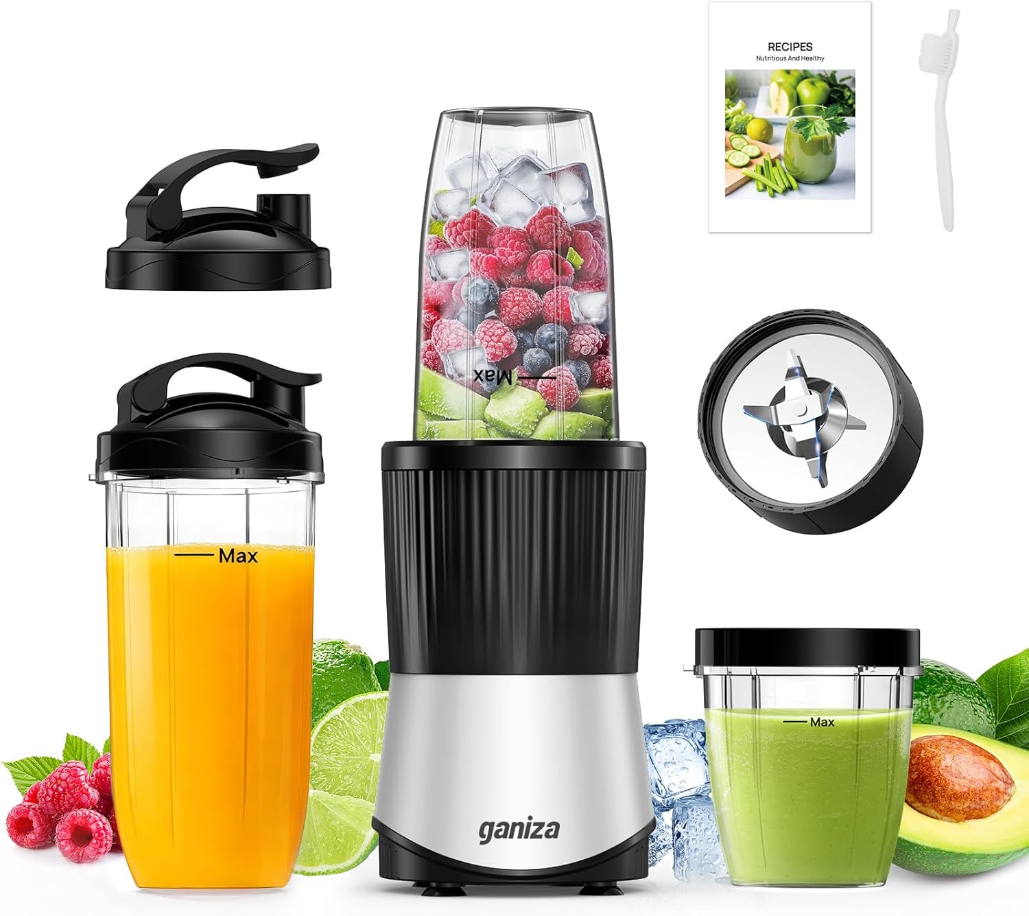 Ganiza Batidora de Vaso 900W 25000RPM 3 Vasos Tritan 300/500/700ml