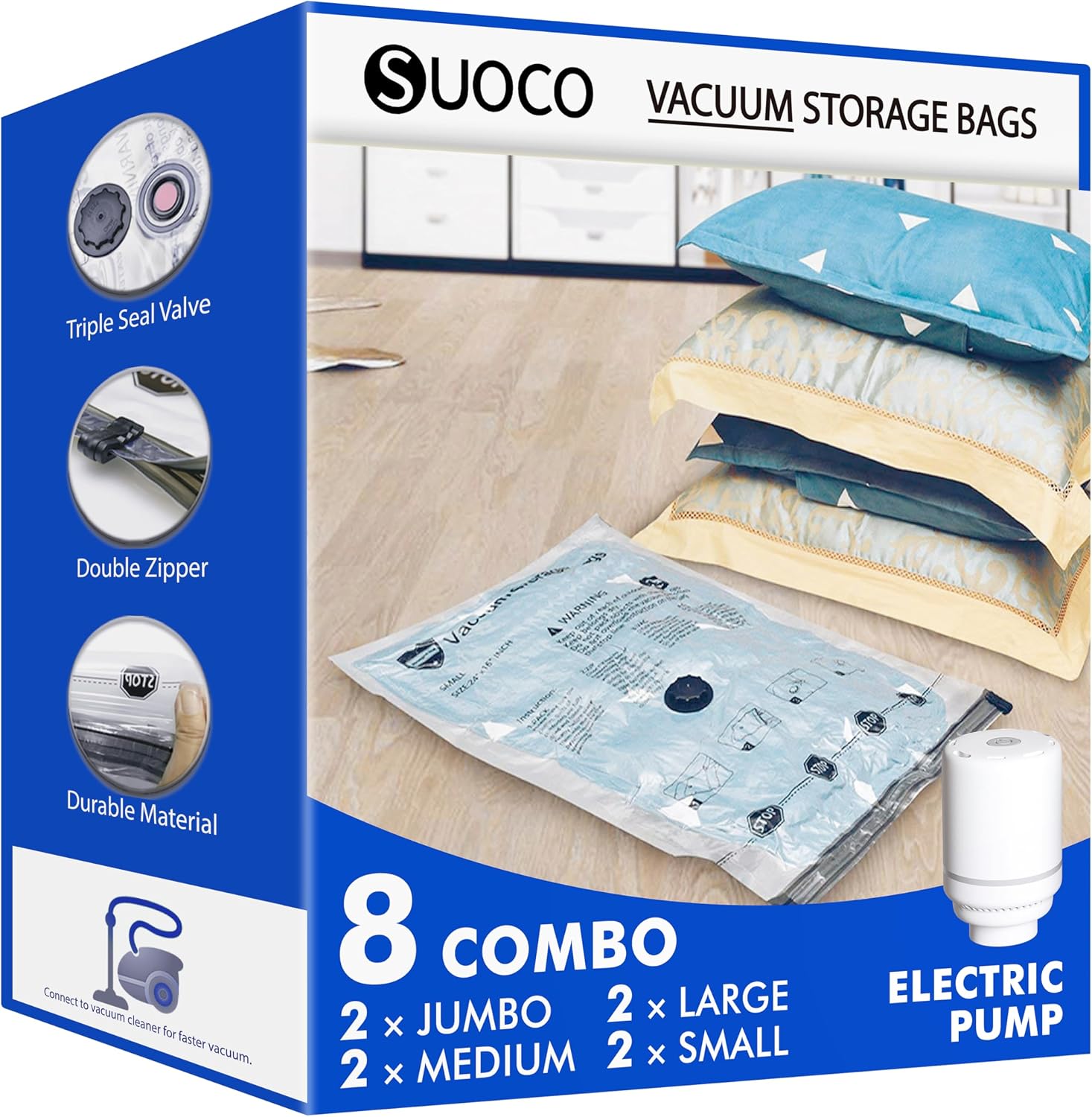 Pack 8 SUOCO Bolsas al Vacío para Ropa con Bomba Eléctrica