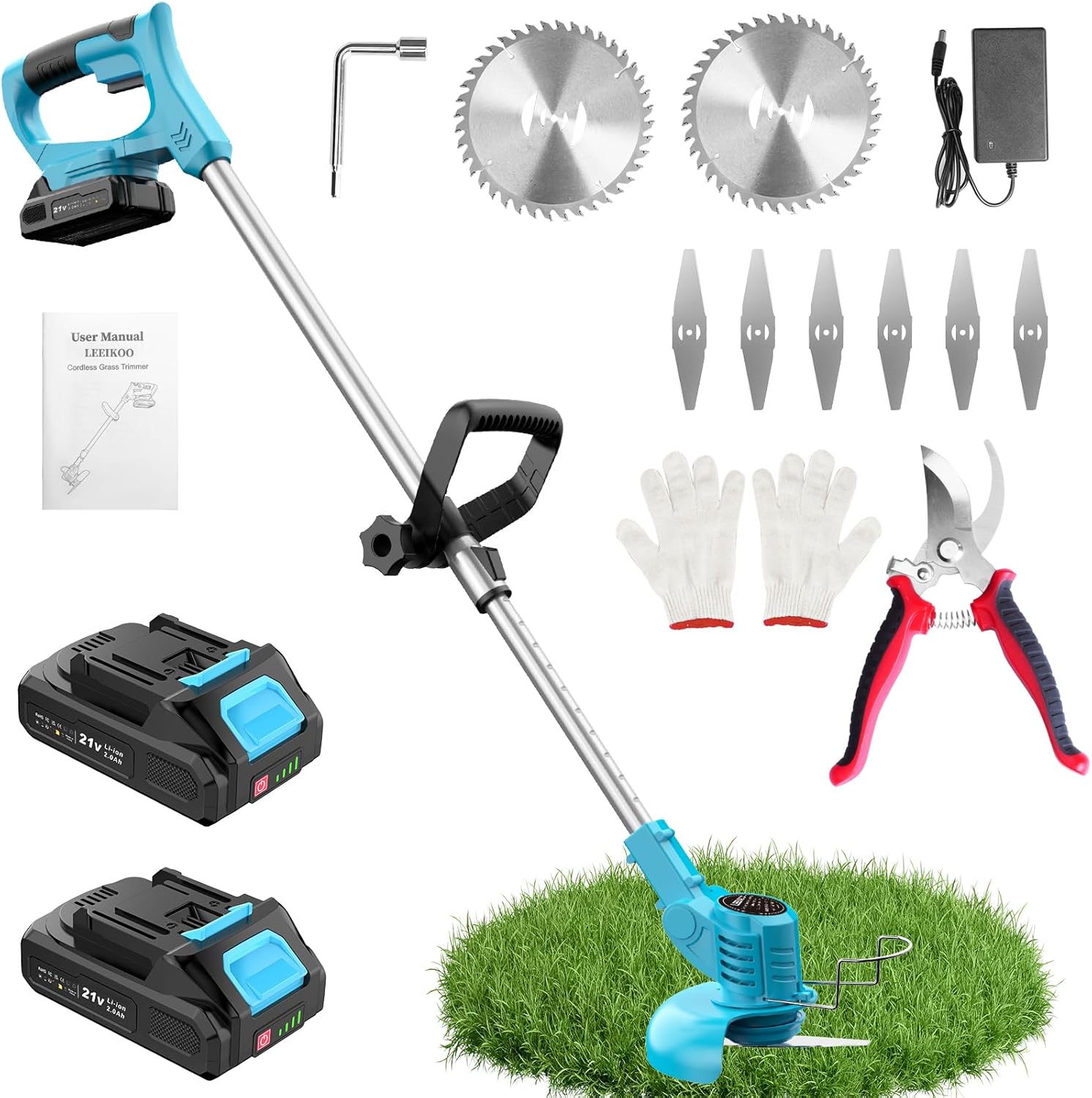 Leeikoo Desbrozadora Batería 21V con 2 Baterías 2.0Ah