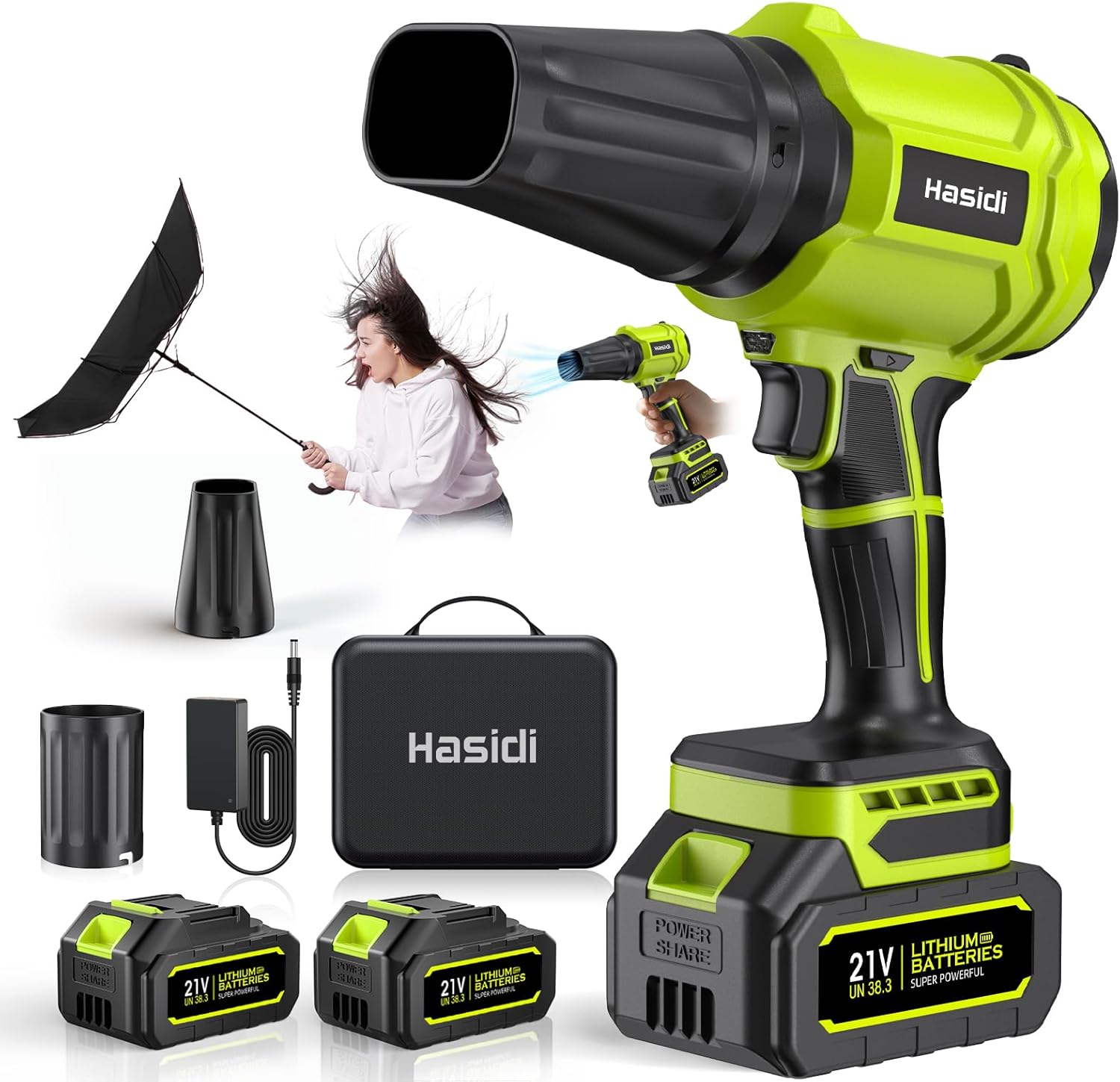Yuquesen Soplador de Hojas 900.000 RPM con 2 Baterías Verde
