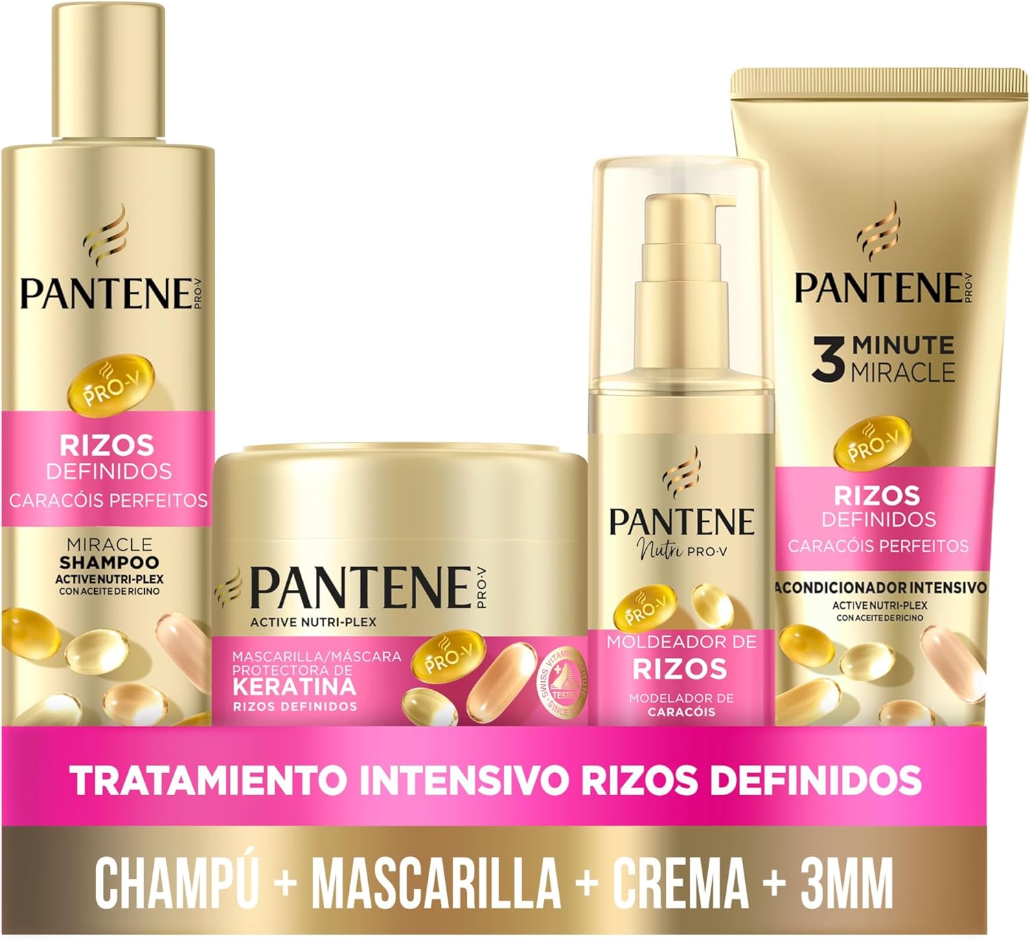 Pantene Rizos Definidos Champú Miracle 250ml, Mascarilla 300ml, Acondicionador 3MM 22