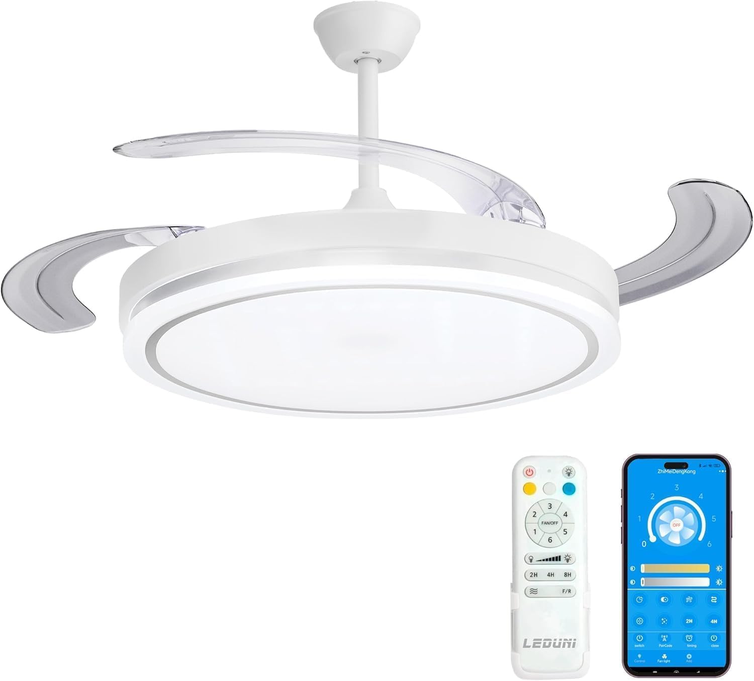LEDUNI Ventilador de Techo LED con Aspas Retráctiles – 66W, 30W Motor DC 36W Luz 2880