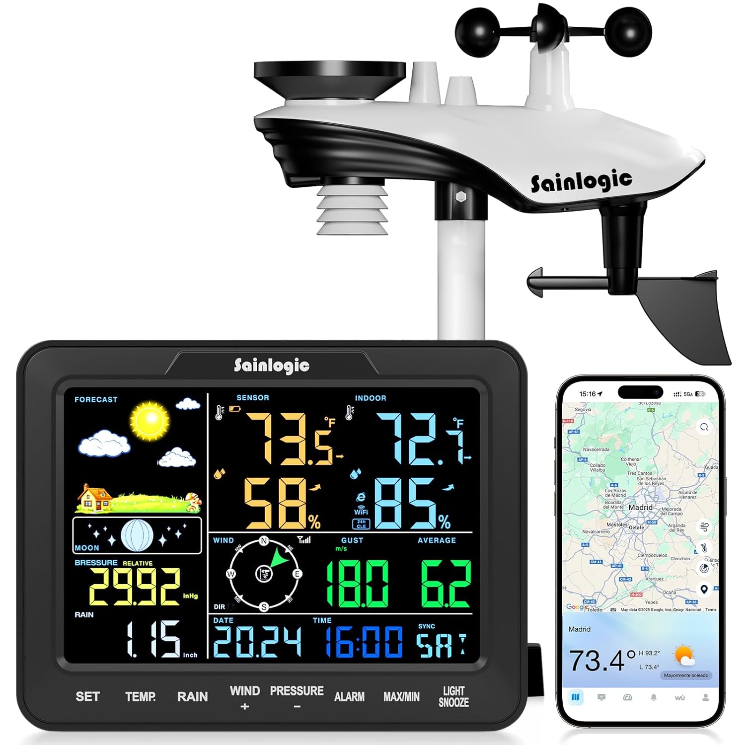 Sainlogic Estación Meteorológica Inteligente WiFi, Pronóstico Meteo IA 24/7 Weatherse