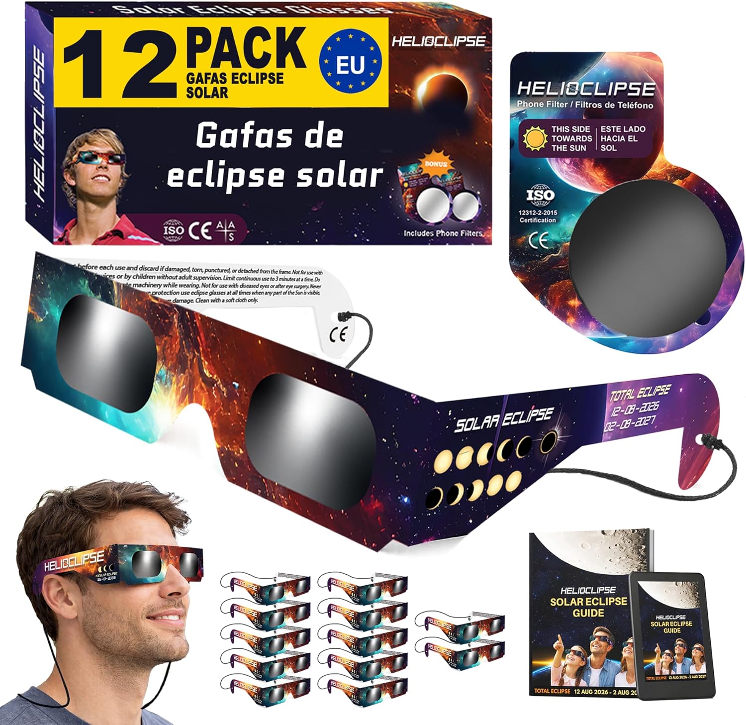 Helioclipse 12x Gafas Eclipse Solar Homologadas ISO 12312-2 2026 – Gafas para Ver Ecl
