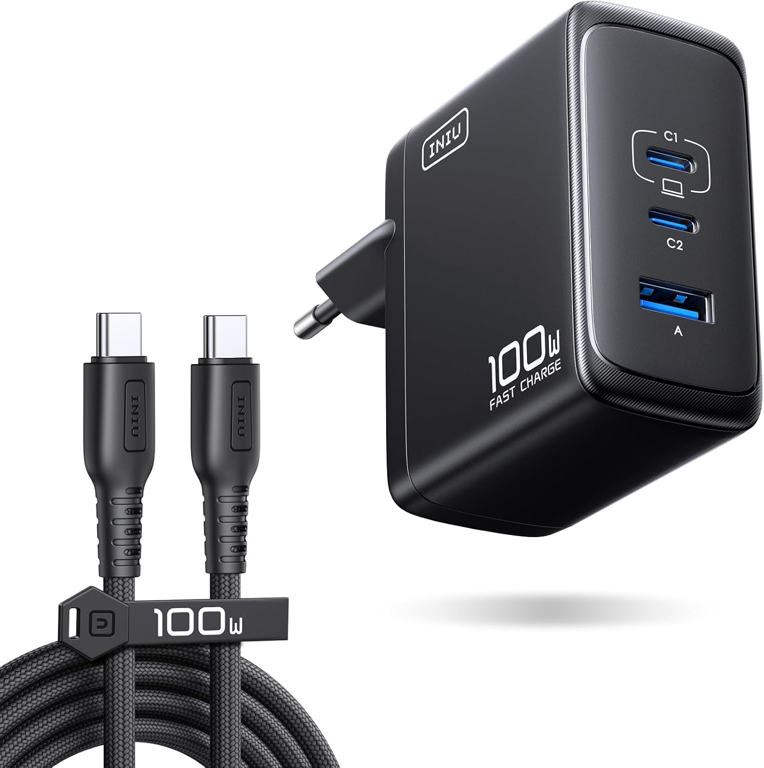 INIU Cargador USB C GaN 100W, 3-Puertos Cargador Rápido Compacto con Cable USB C de 1