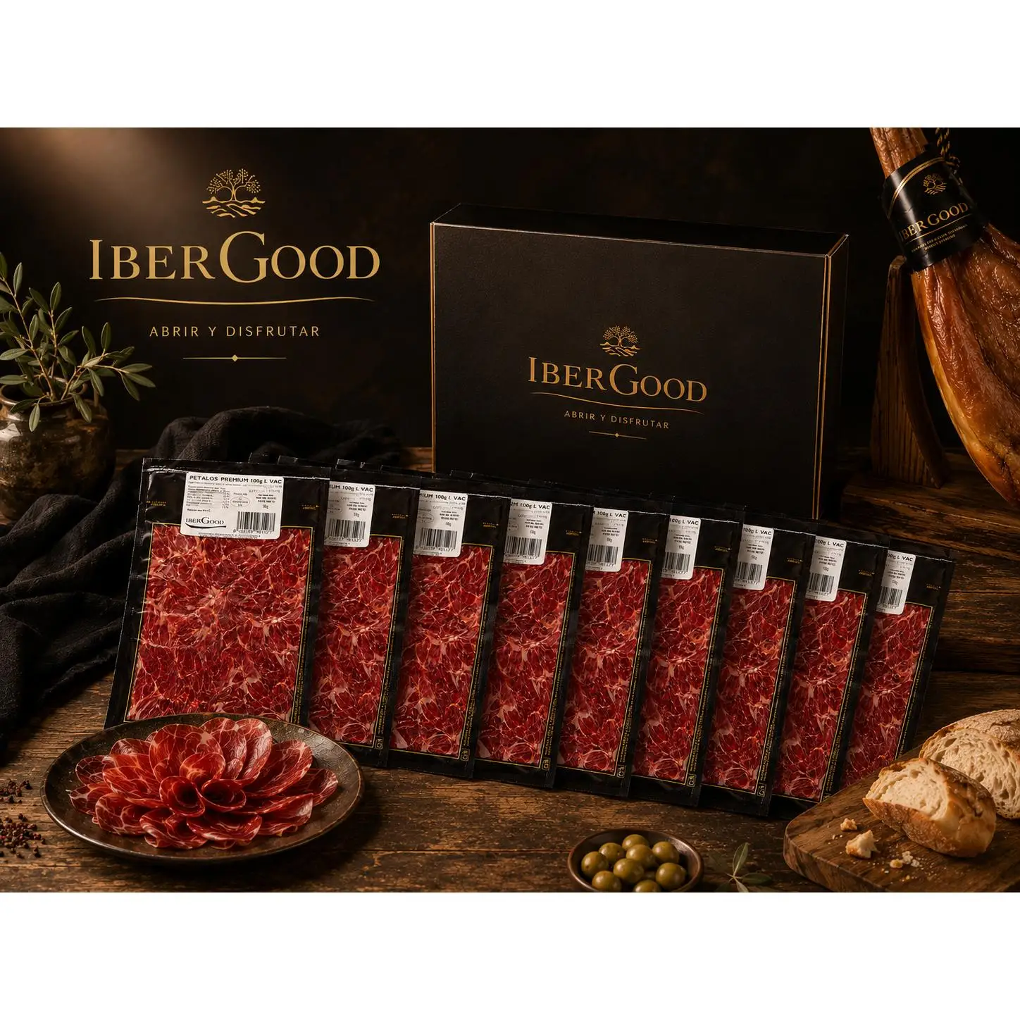 **Jamón premium en PETALOS LONCHEADO FINO, 10 unidades de 100 g (1 kg total), curado 