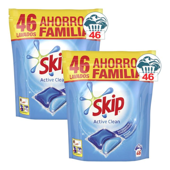 SKIP Active Clean Pack 2 Bolsas de detergente máquina líquido doble acción envase 46 