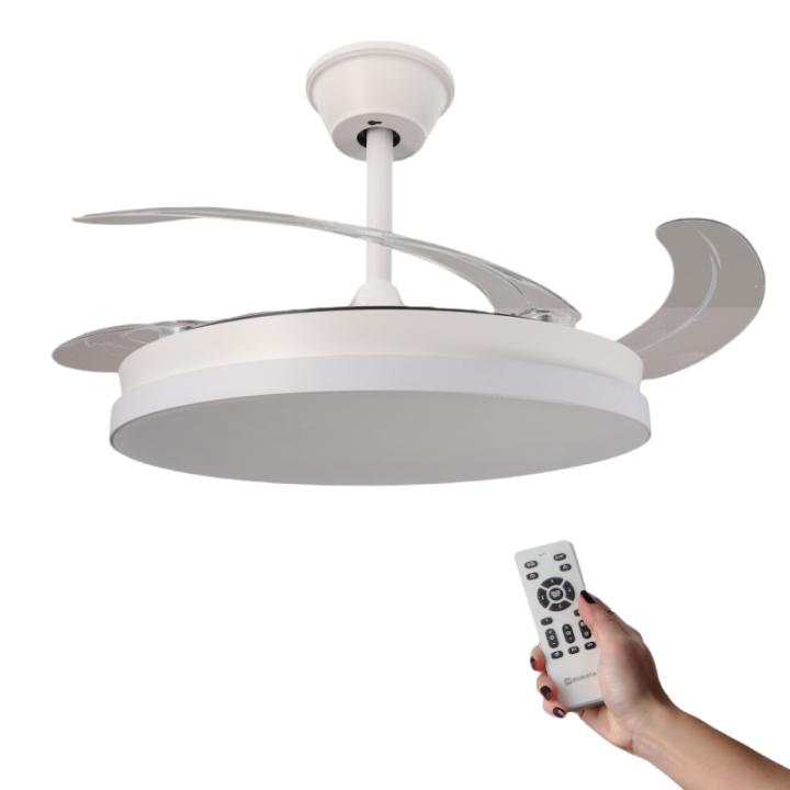 Mimotec Ventilador de Techo LED-COLOR Blanco&Cristal Motor DC 106cm con Aspas Retráct