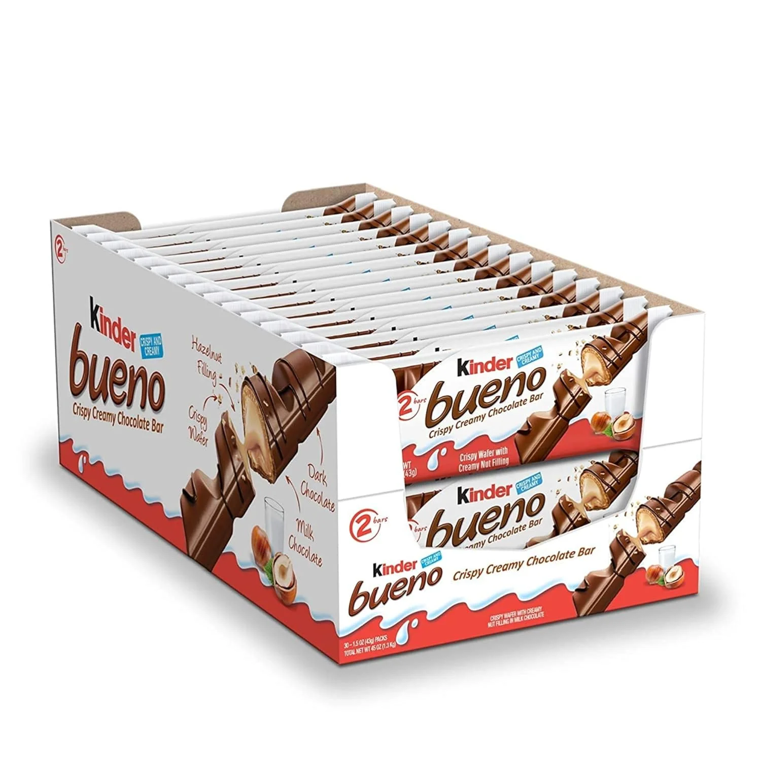 Kinder Bueno Chocolate con leche y crema de avellanas1caja de 3043g,total 60 barras d
