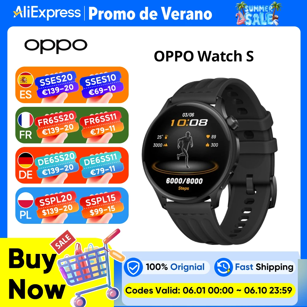 Versión europea OPPO Watch S smartwatch con pantalla AMOLED de 1.46'', 10 días de bat