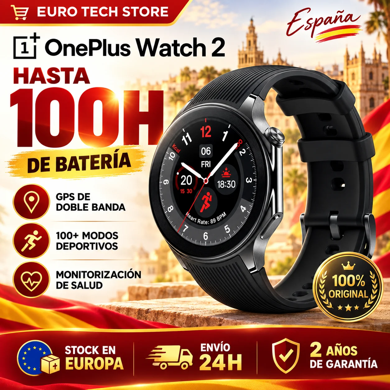 Reloj OnePlus 2 Negro Acero, 32 GB, Batería de 100 Horas, Seguimiento de Salud y Bien