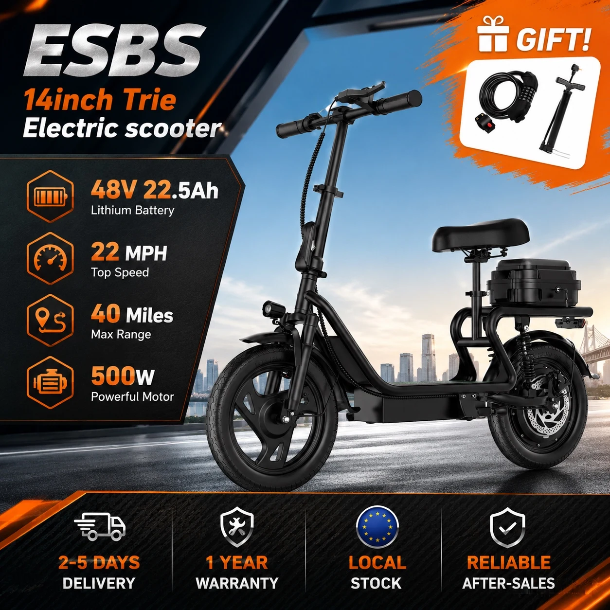 ESBS Scooter Eléctrico Plegable de 14 Pulgadas con Motor de 500W, Batería de Litio de