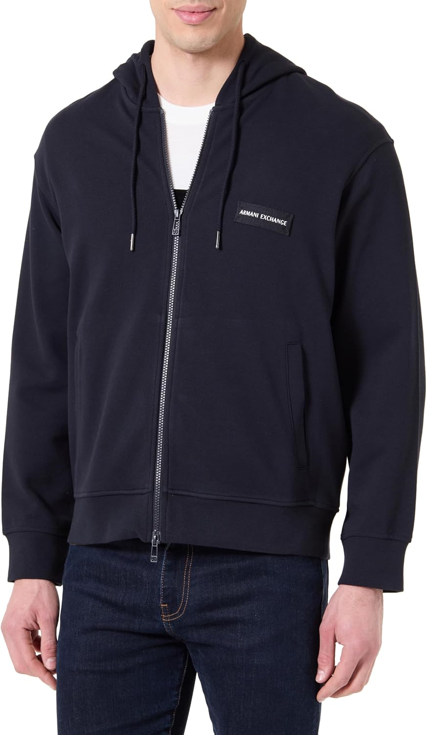 Armani Exchange Sudadera con Capucha Boxy Fit Azul con Logo Bordado y Cremallera Metá