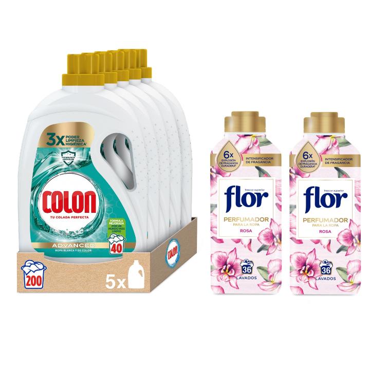 Colon Higiene Detergente 200 Lavados (5x40) + 2x Perfumador Rosa - Ropa Blanca y Colo