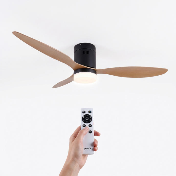 Ventilador de techo negro Jocca con 3 elegantes aspas con acabados de madera, 6 veloc