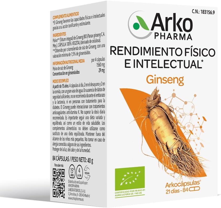 Arkopharma Arkocápsulas Ginseng BIO 84 Cápsulas, Ayuda a Reducir el Cansancio y la Fa