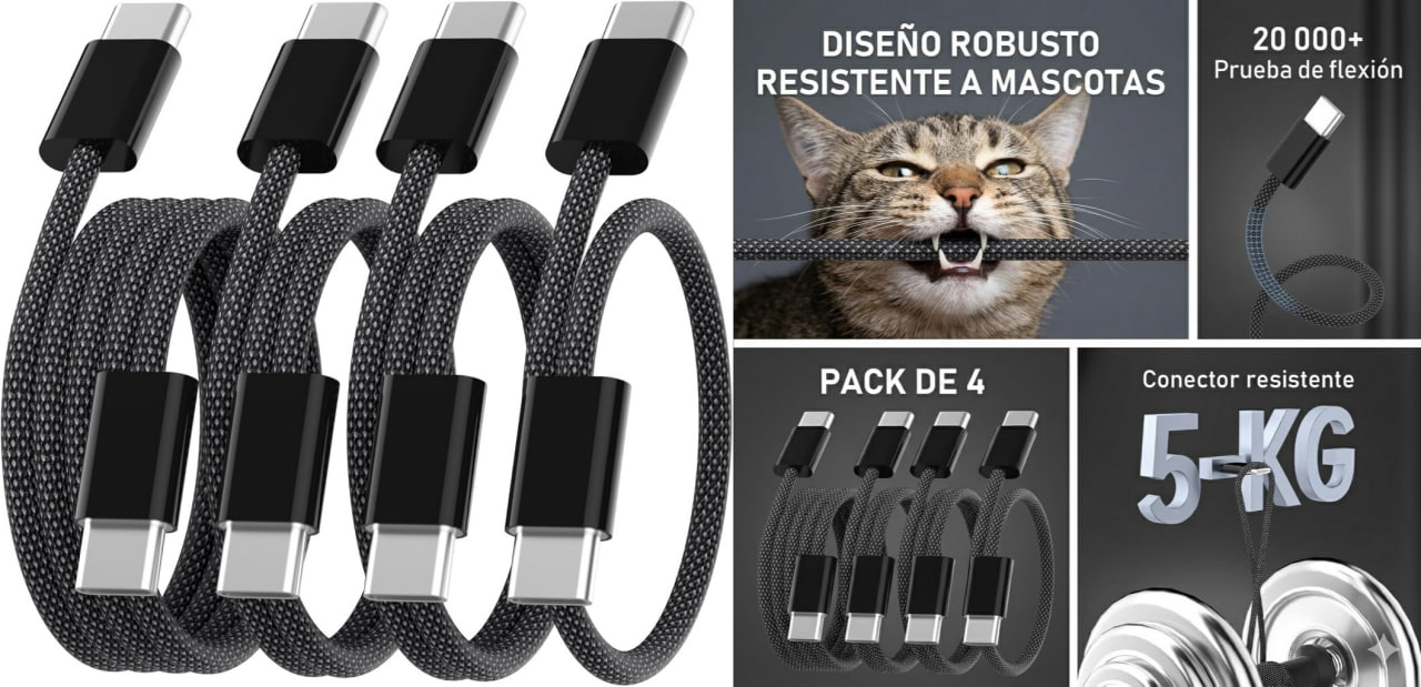 Pack de 4 Cables trenzados NYLON USB C a USB C Carga Rápida -  [2M+1M+1M+0.5M] 60W