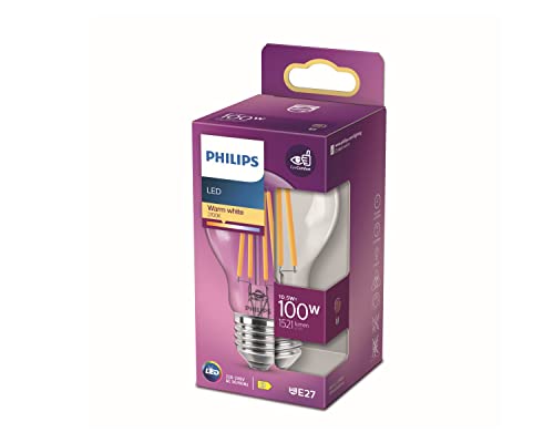 Philips - Bombilla LED Cristal, 100W, E27, Estándar A60, Filamento, Luz Blanca Cálida