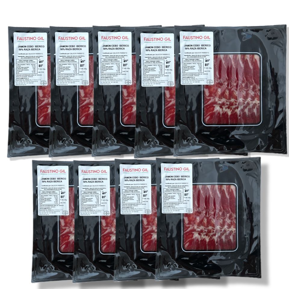 FAUSTINO GIL Jamón Ibérico de Cebo - 9 Sobres de 100g - Elaboración Tradicional - Lon