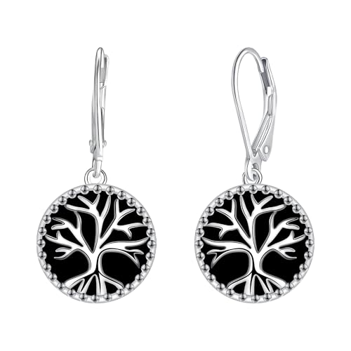 J.MUEN Pendientes Arbol de la Vida para Mujer, Pendientes Colgantes Plata de Ley 925 