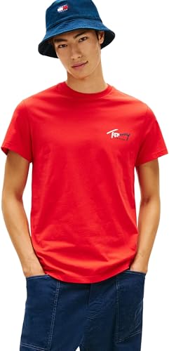 Tommy Jeans Camiseta de Manga Corta Hombre Slim Sign con Logotipo, Rojo (Rapid Red), 