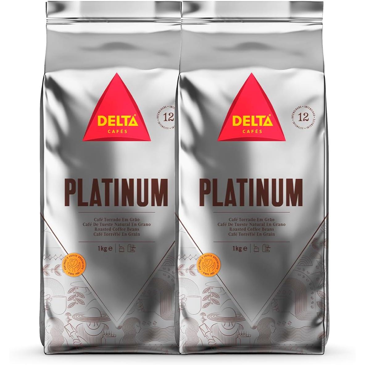 Delta Cafés - Café en Grano Platinum - 2 Paquetes de 1 Kg - Intensidad 12 - Mezcla de