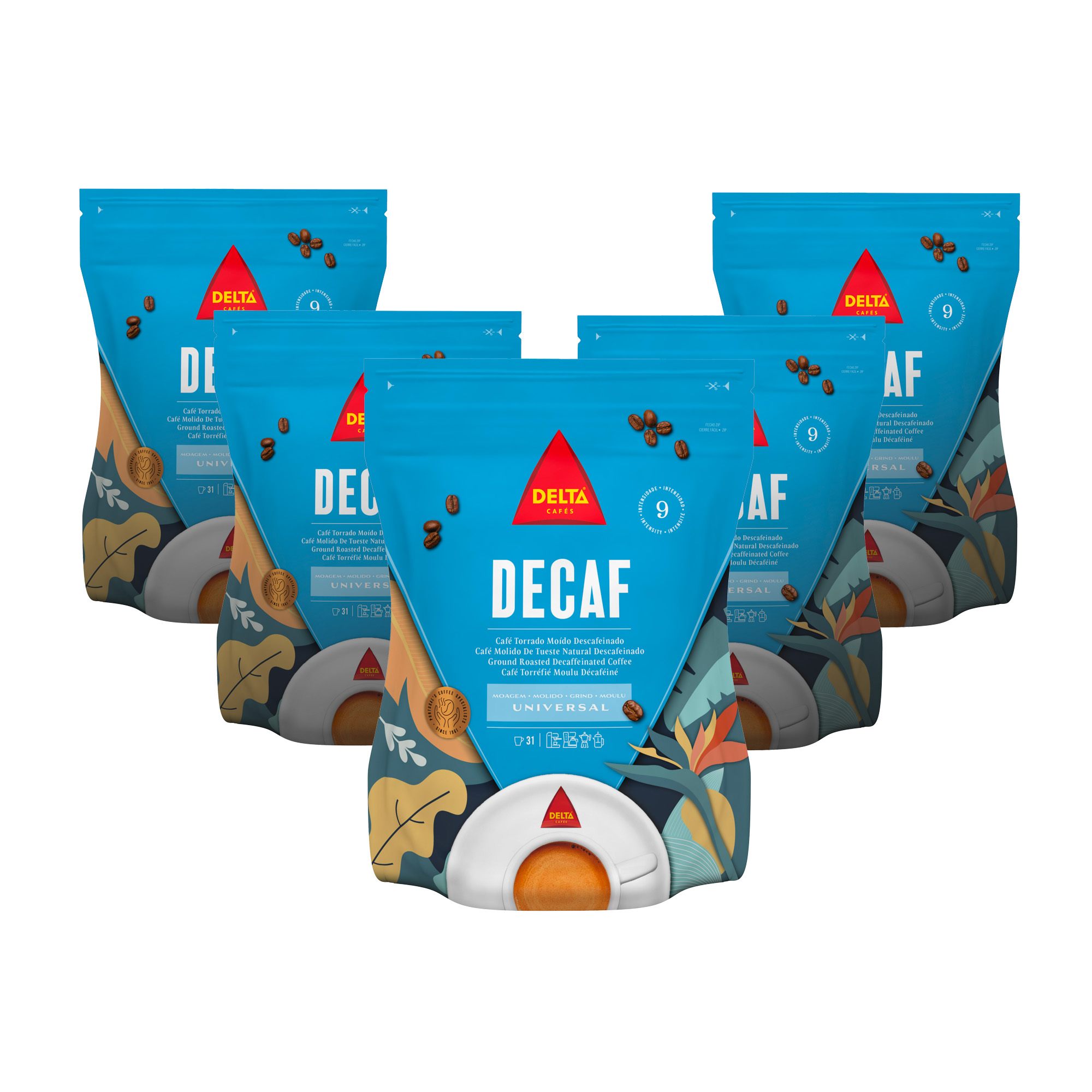 Delta Decaf - Pack Café Molido Descafeinado 5 uds x 220 gr - Aroma Rico en Notas de C
