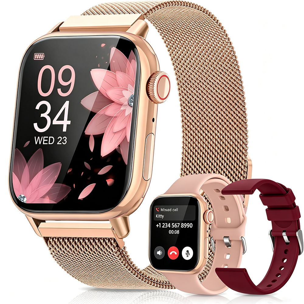Reloj Inteligente Aitafy Dorado para Mujer de 2.05" con Alexa, Llamadas y 3 Correas, 
