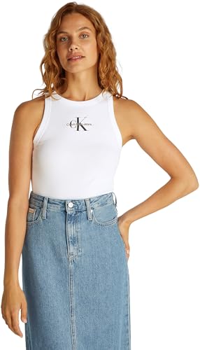 Calvin Klein Camiseta de Tirantes Mujer Monologo Rib Skinny Fit, Blanco (Brilliant Wh