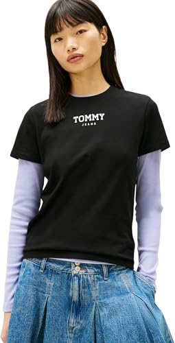 Tommy Jeans Camiseta de Manga Corta Mujer Essential con Cuello Redondo, Negro (Black)
