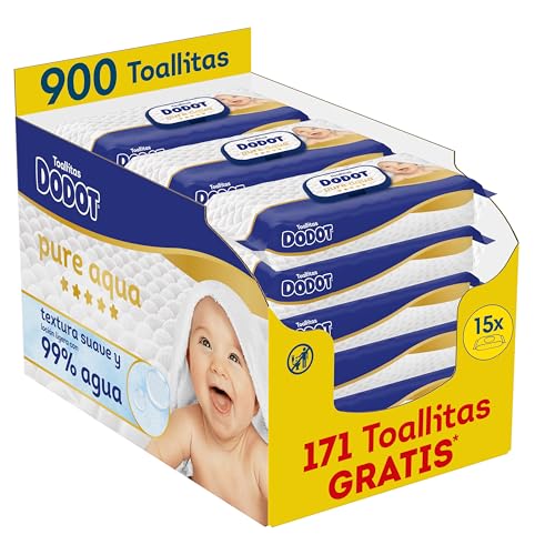 Dodot Pure Aqua Toallitas con Textura Suave para bebé, 900 toallitas (15 Packs de 60 