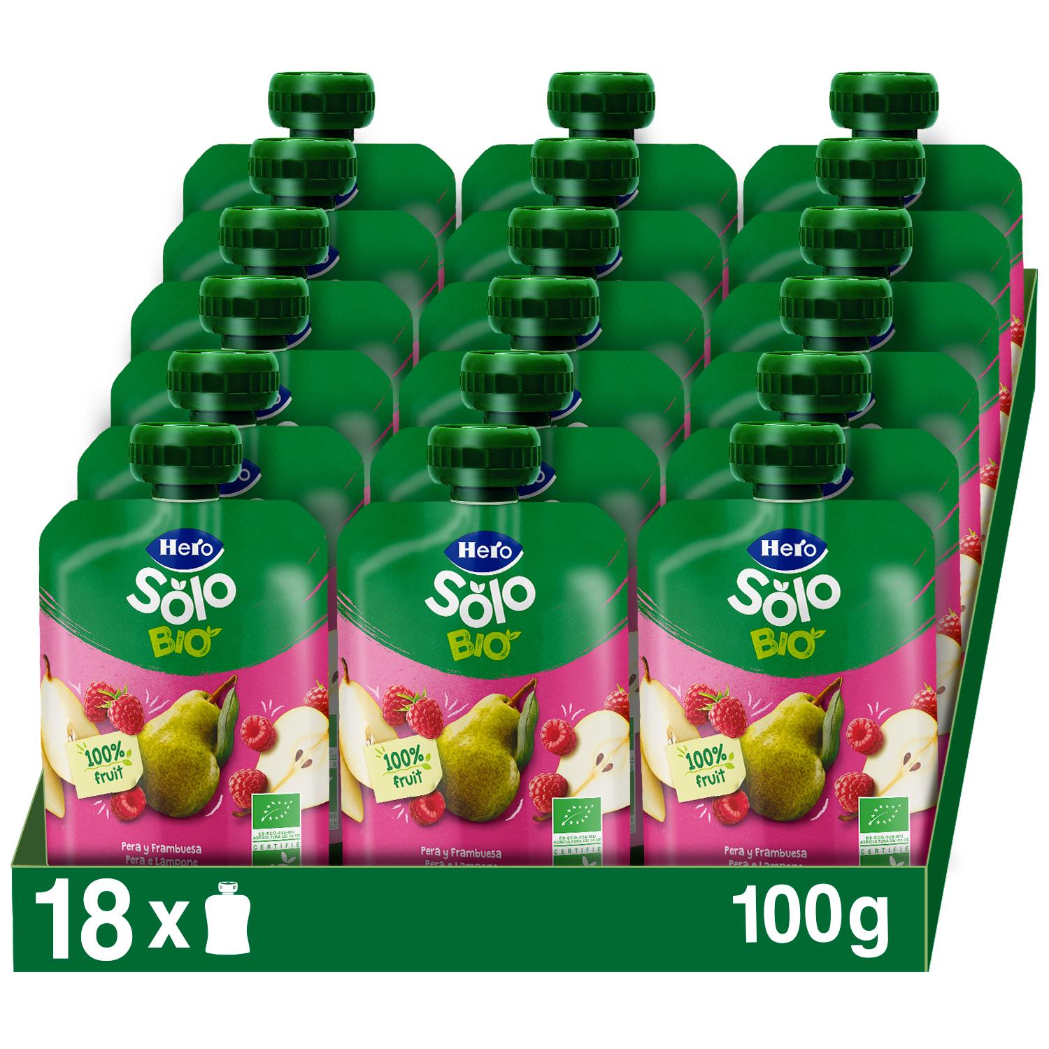 Hero Solo pack de bolsitas bio Pera y Frambuesa 100% ecológicas. Para bebés desde 4 m