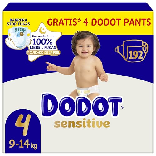 Dodot Pañales Bebé Sensitive, Talla 4 (9-14 kg), 192 Pañales + 4 Pants de Regalo, Has